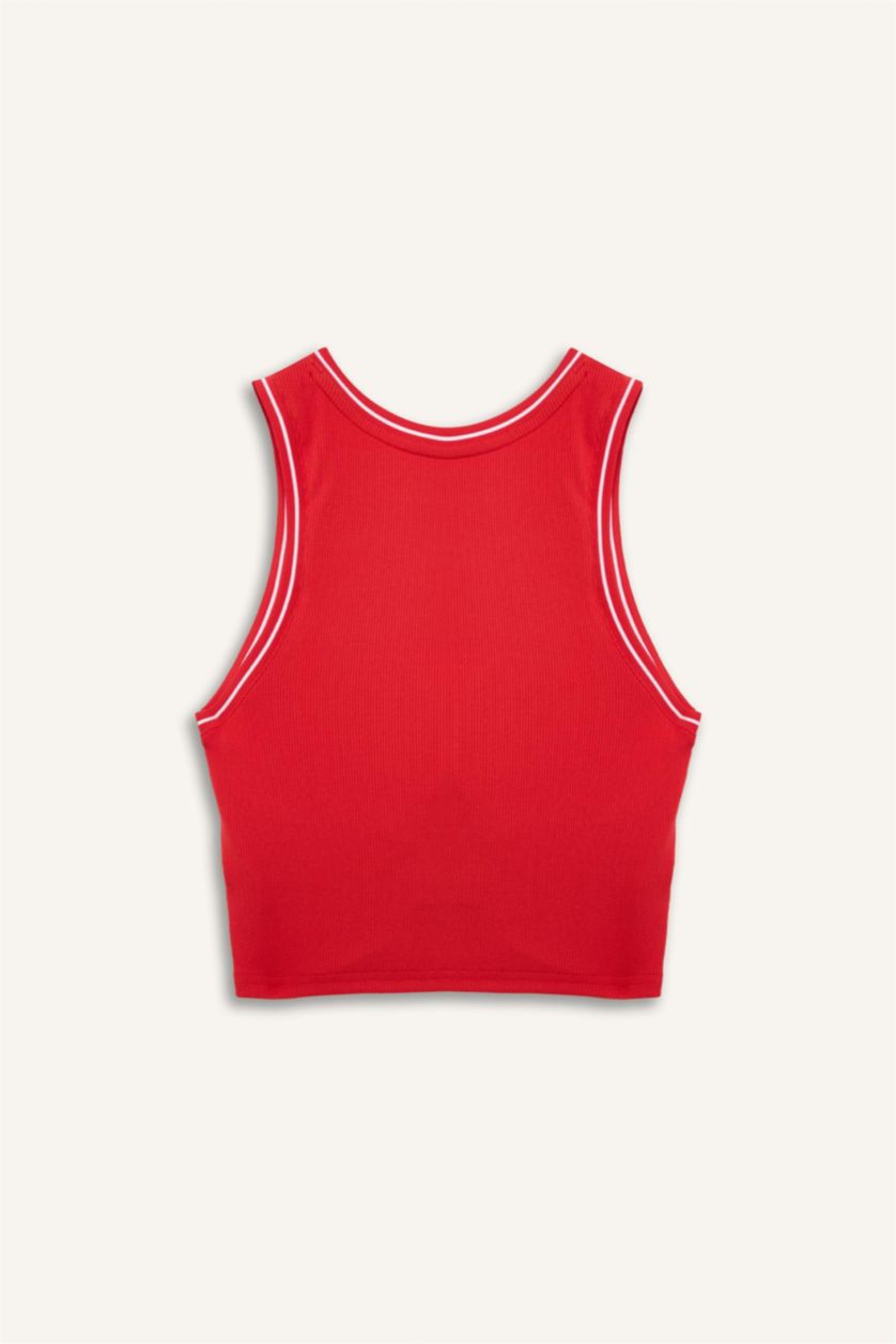 Woman Red Standard Fit Ribana Crew Neck Tank Top