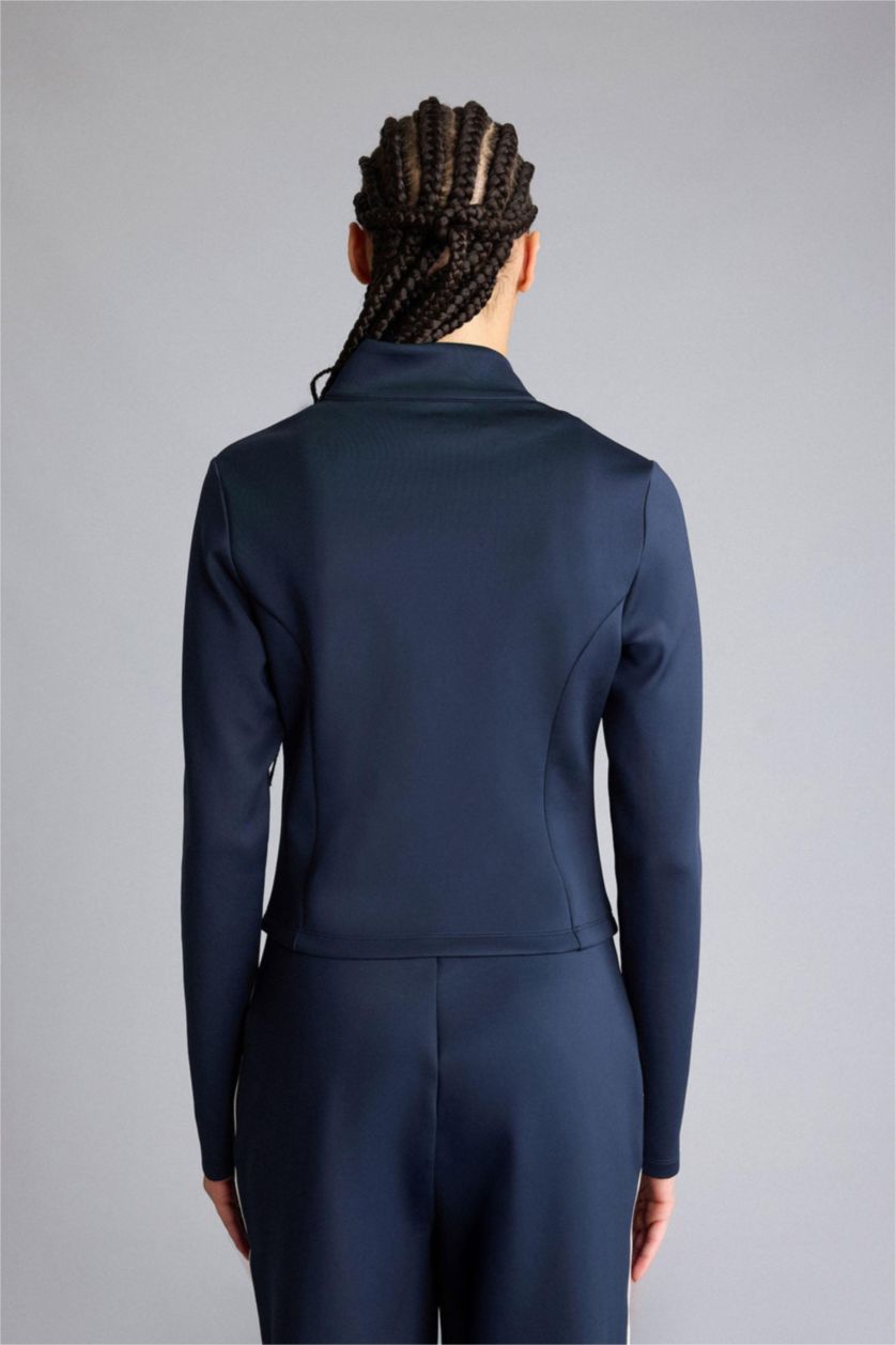 WOMAN NAVY Standard Fit High Neck Scuba Fabric Cardigan