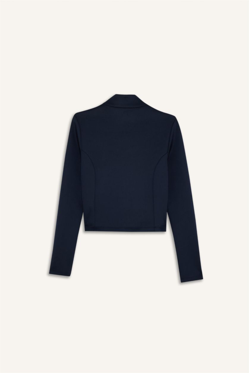 WOMAN NAVY Standard Fit High Neck Scuba Fabric Cardigan