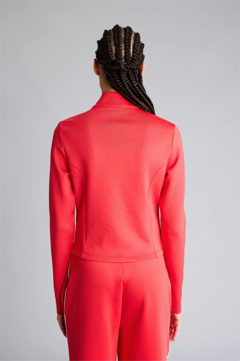 Kadın Kırmızı Standart Fıt Dik Yaka Skuba Dalgıç Kumaş Hırka