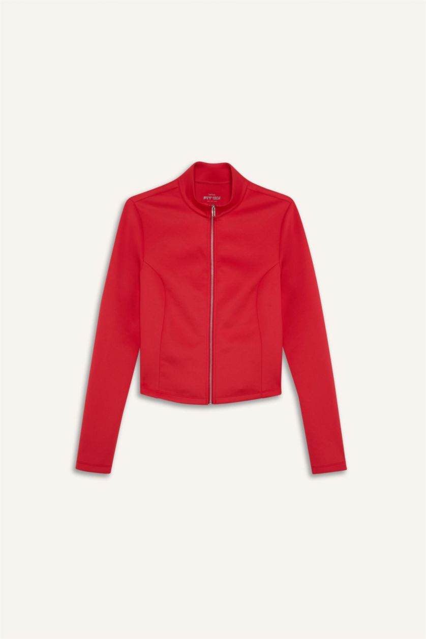 Kadın Kırmızı Standart Fıt Dik Yaka Skuba Dalgıç Kumaş Hırka