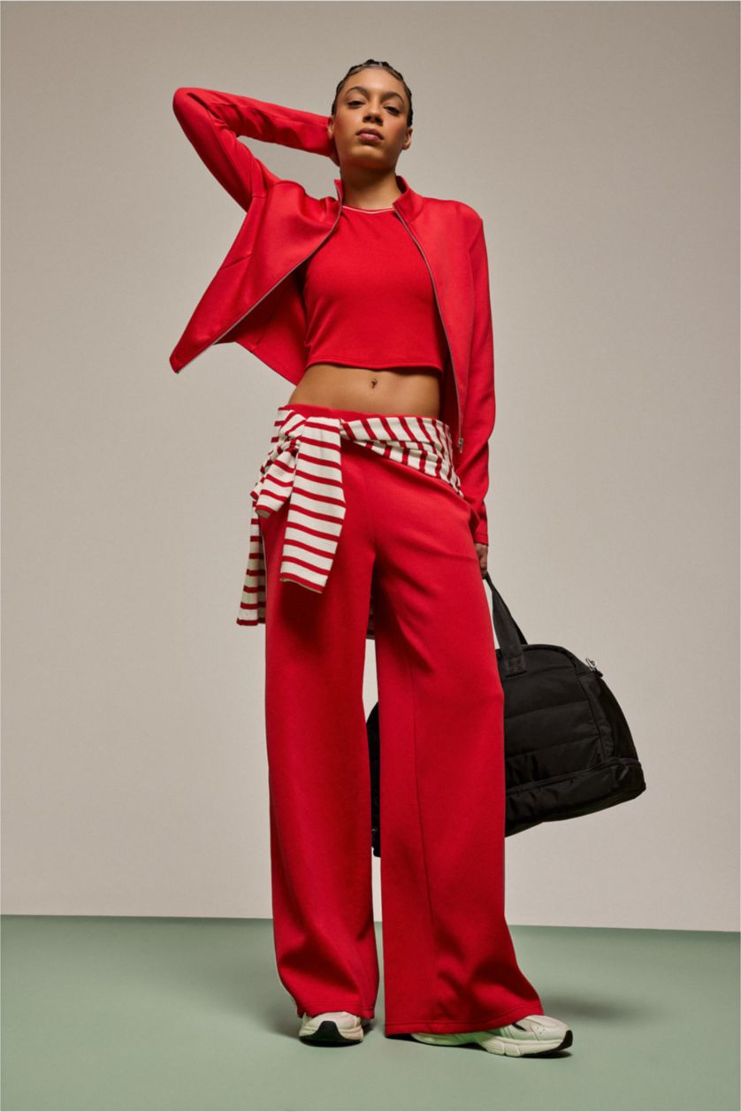 Woman Red Wide Leg Standard Length Scuba Fabric Sports Sweatpants