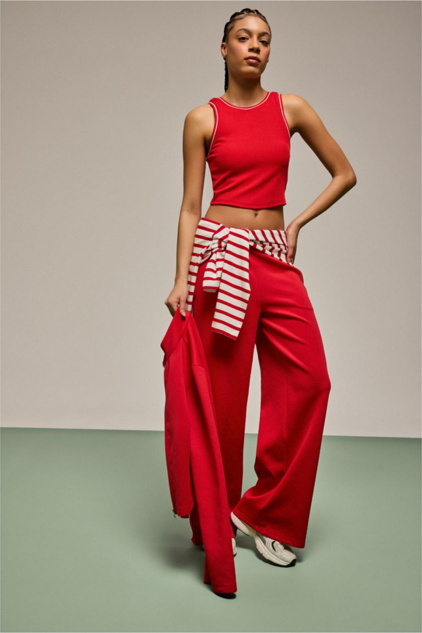 Woman Red Wide Leg Standard Length Scuba Fabric Sports Sweatpants