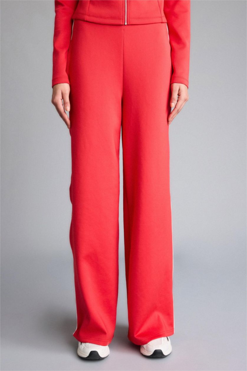 Woman Red Wide Leg Standard Length Scuba Fabric Sports Sweatpants