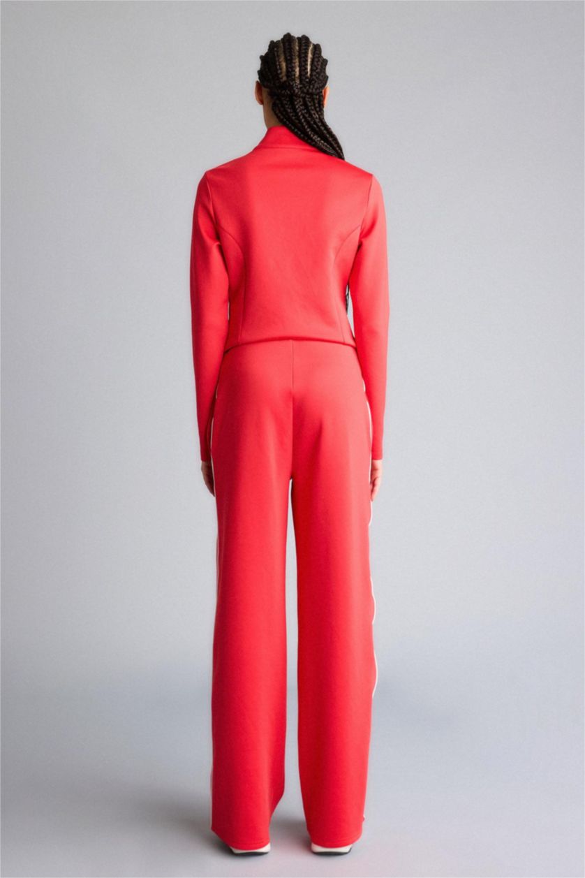 Woman Red Wide Leg Standard Length Scuba Fabric Sports Sweatpants