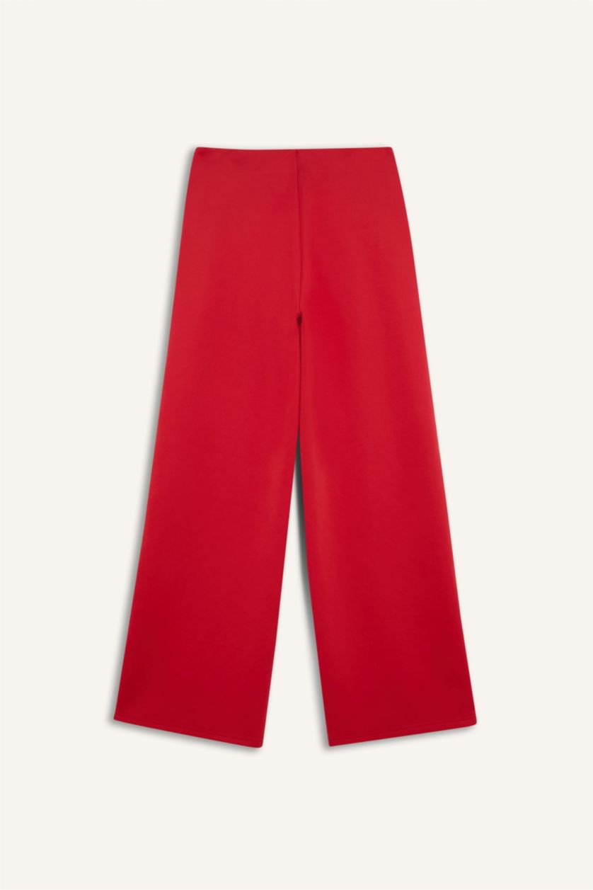 Woman Red Wide Leg Standard Length Scuba Fabric Sports Sweatpants