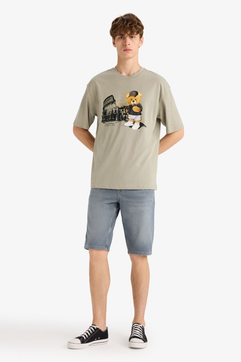 رجال كاكي فاتح تيشيرت نص ردن أوفر سايز بياخة مستديرة