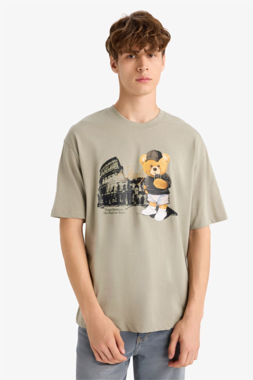 رجال كاكي فاتح تيشيرت نص ردن أوفر سايز بياخة مستديرة