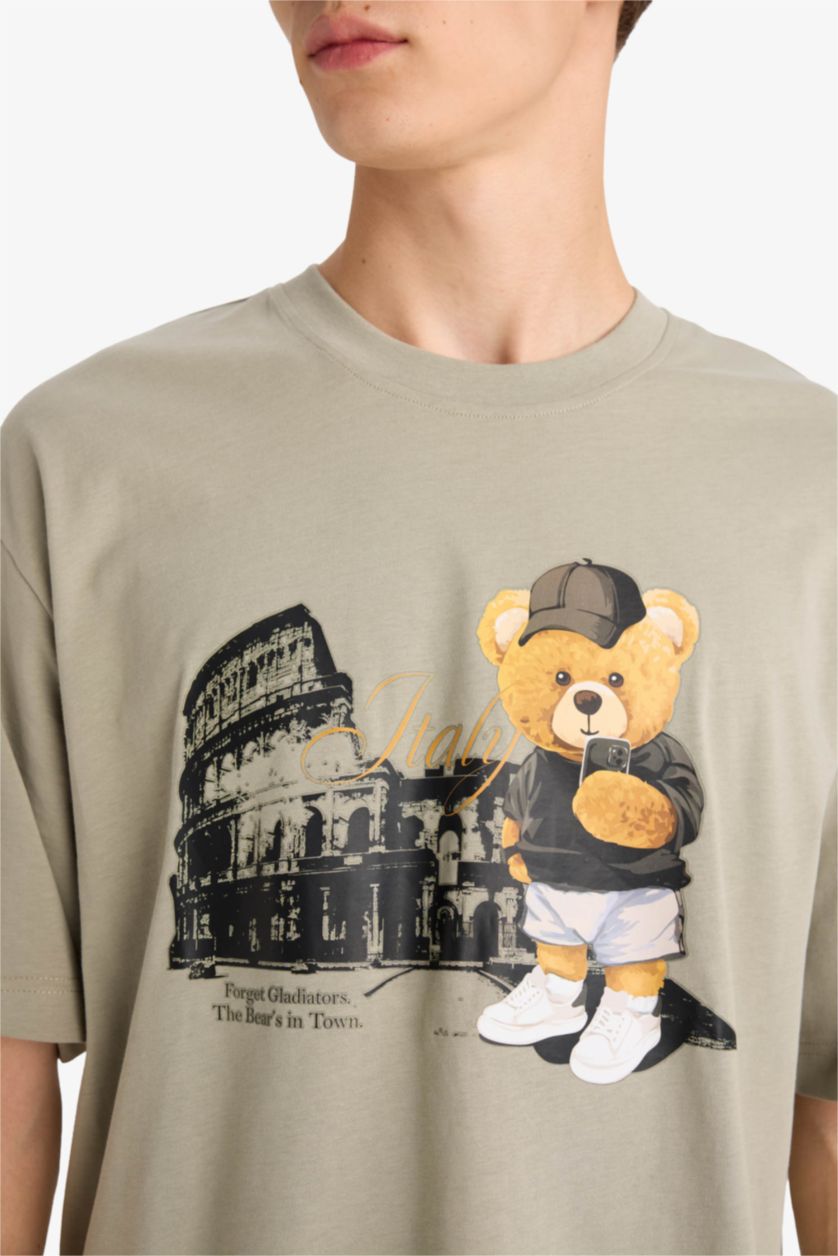 رجال كاكي فاتح تيشيرت نص ردن أوفر سايز بياخة مستديرة