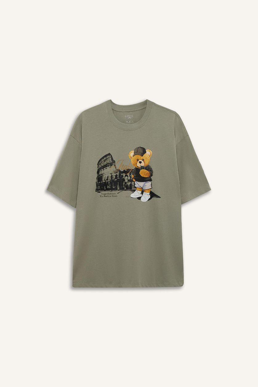 رجال كاكي فاتح تيشيرت نص ردن أوفر سايز بياخة مستديرة