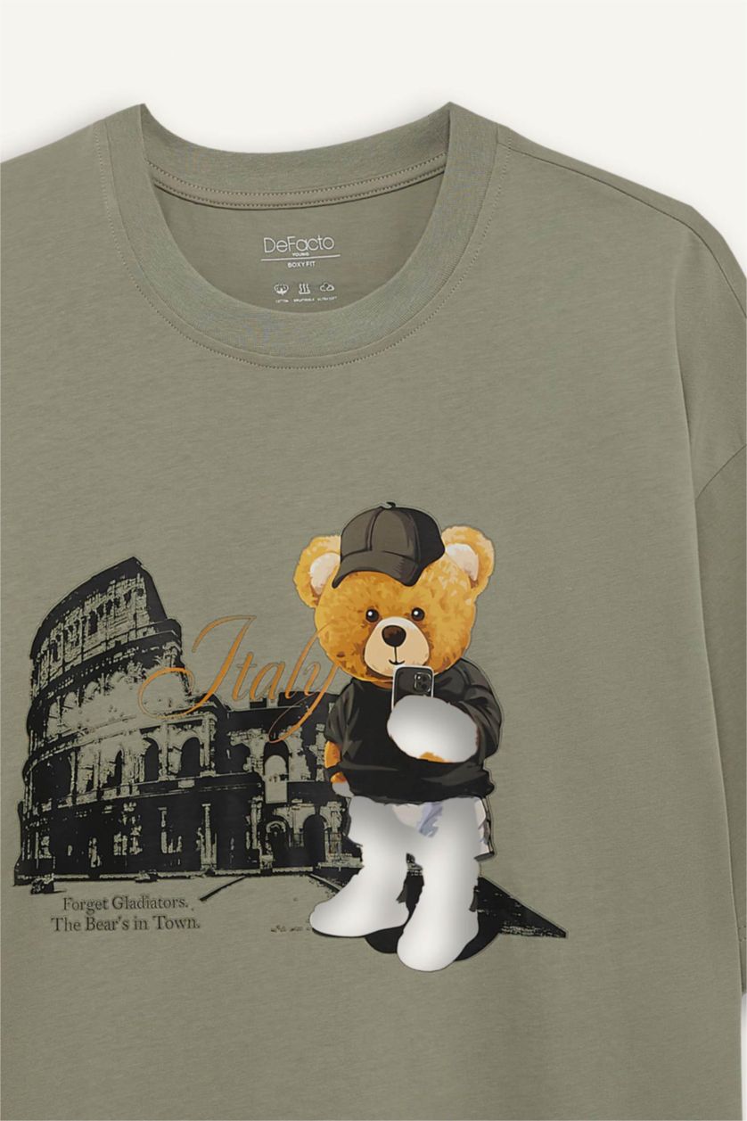 رجال كاكي فاتح تيشيرت نص ردن أوفر سايز بياخة مستديرة