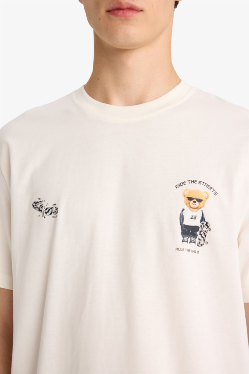 رجال بيج فاتح تيشيرت نص ردن مطبوع قصة عادية بياخة مستديرة