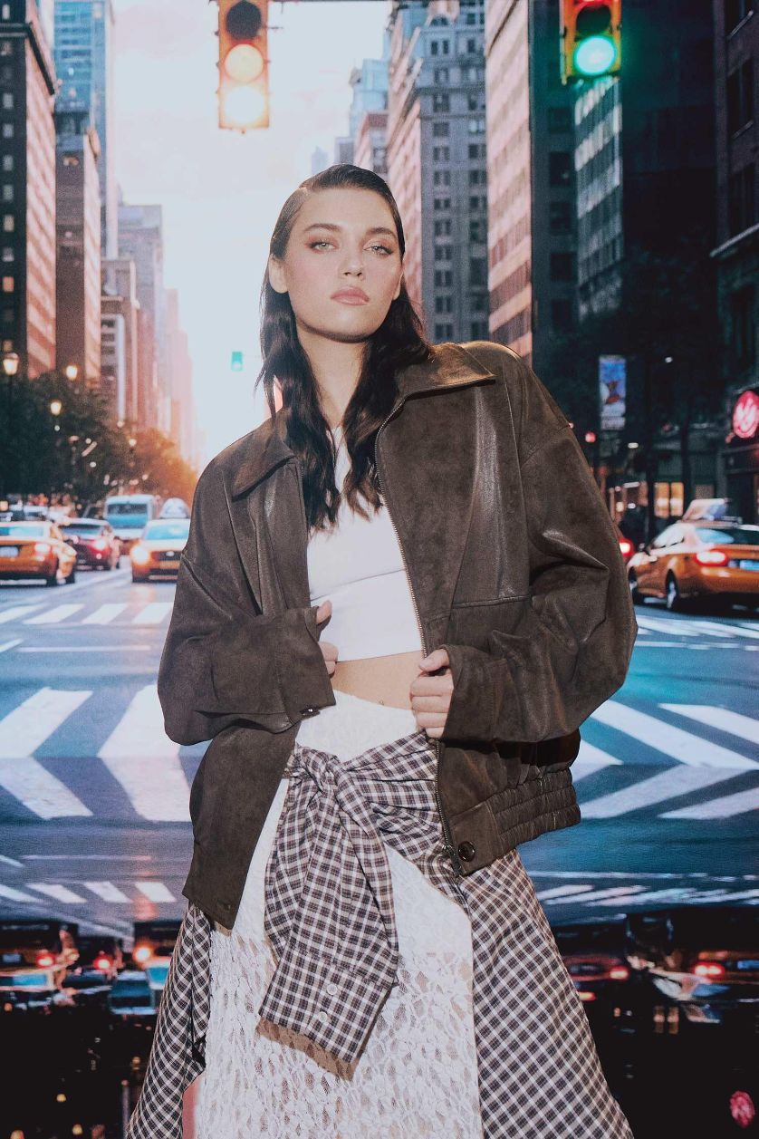 Kadın Kahve Afra x DeFacto Dad Fit Polo Yaka Fermuarlı Süet Ceket