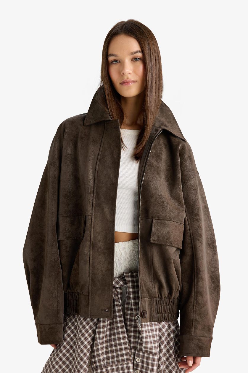 Kadın Kahve Afra x DeFacto Dad Fit Polo Yaka Fermuarlı Süet Ceket