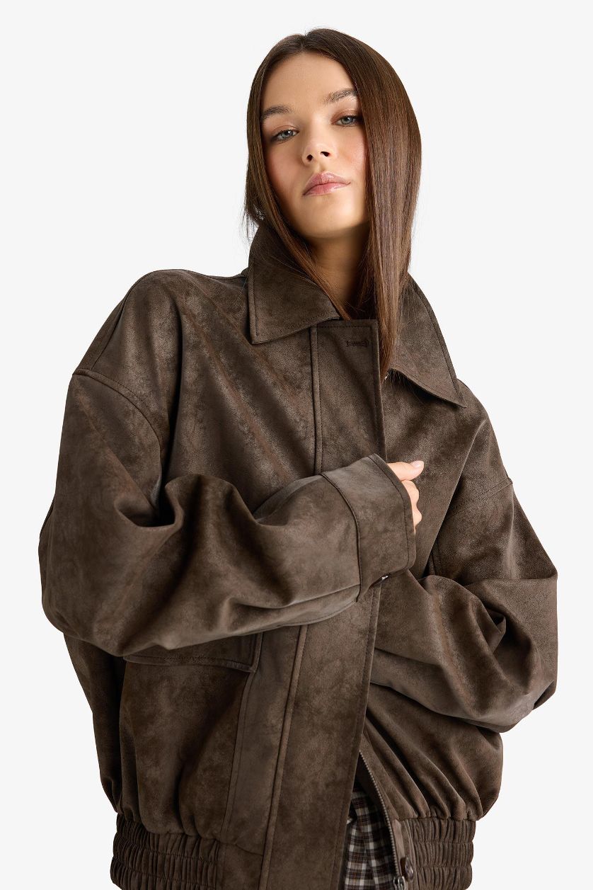 Kadın Kahve Afra x DeFacto Dad Fit Polo Yaka Fermuarlı Süet Ceket