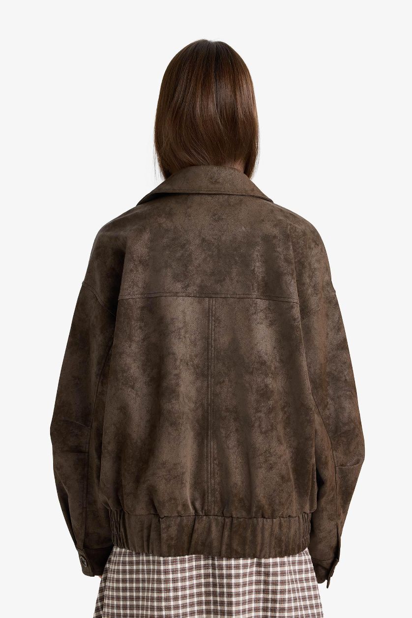 Kadın Kahve Afra x DeFacto Dad Fit Polo Yaka Fermuarlı Süet Ceket