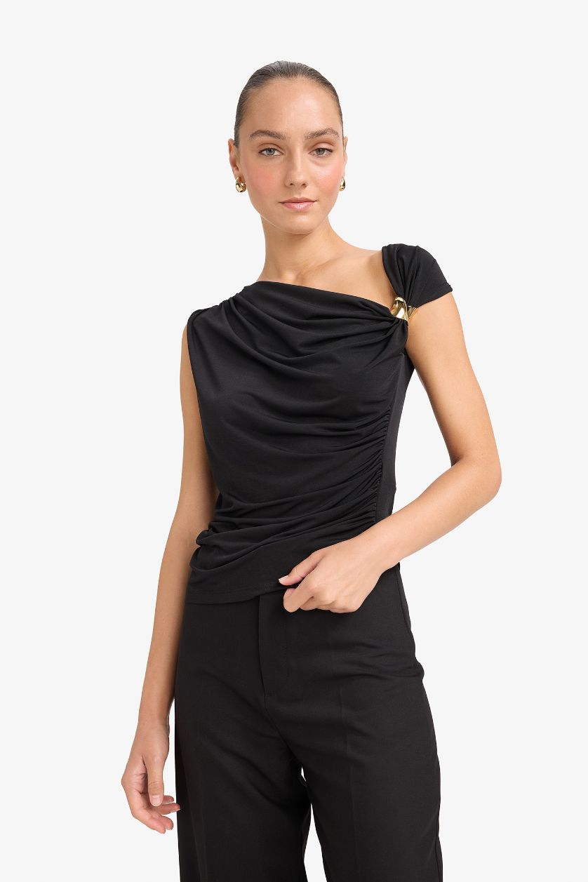 Женщины Черный Блузка Slim Fit на одно плечо с пряжкой