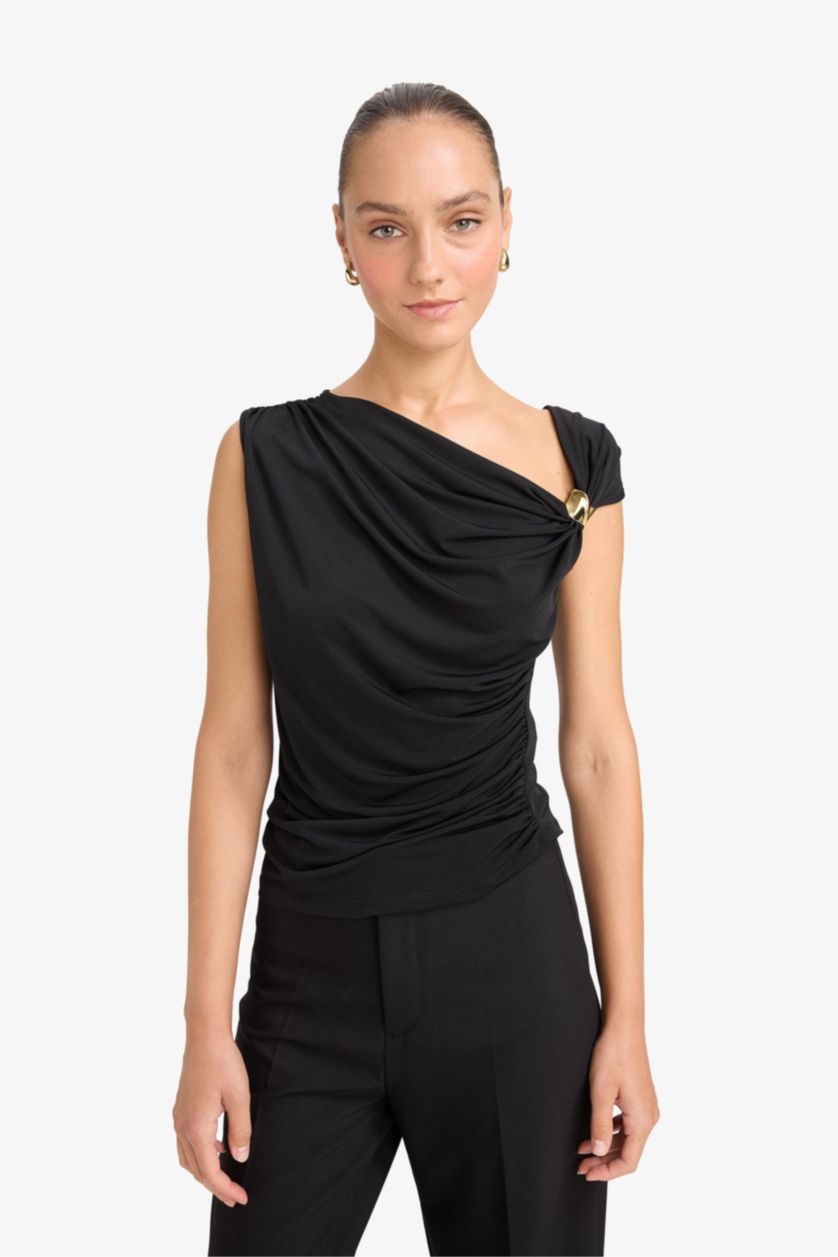 Женщины Черный Блузка Slim Fit на одно плечо с пряжкой