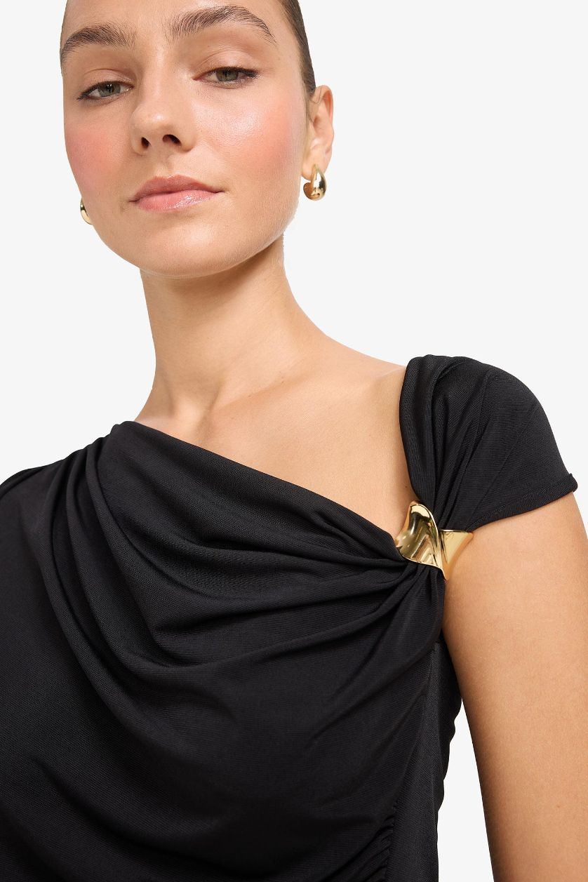 Женщины Черный Блузка Slim Fit на одно плечо с пряжкой