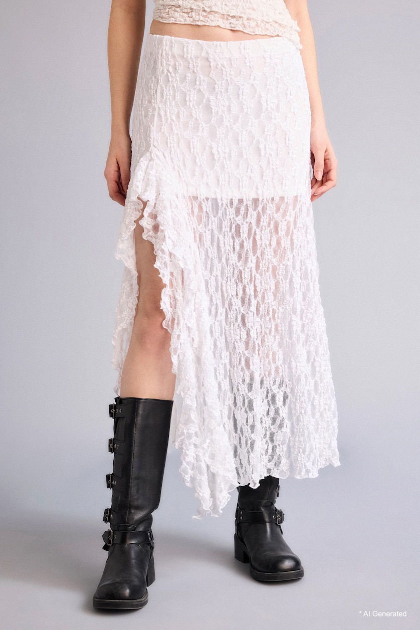 Women White A Line High Waist Lace Maxi Skirt