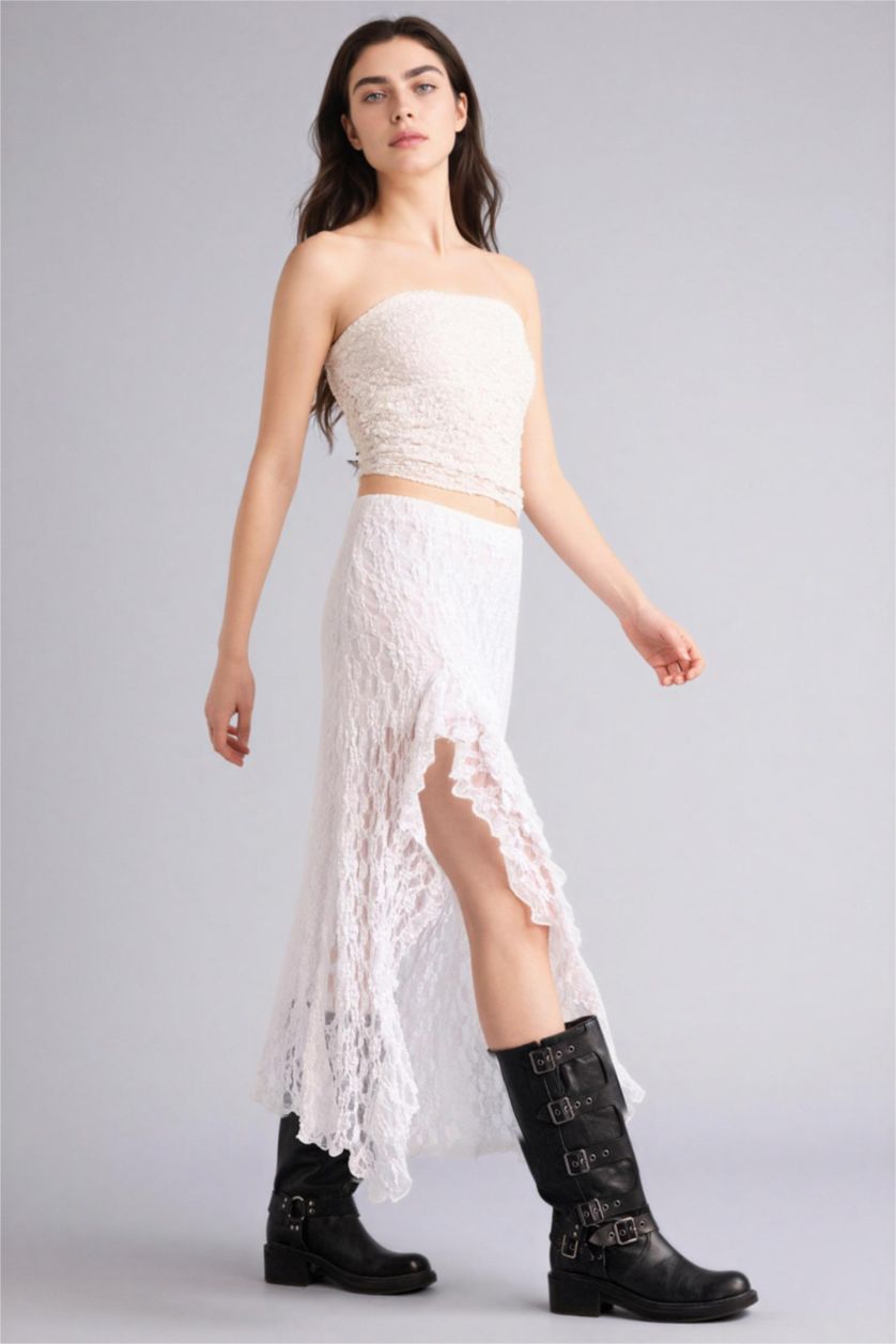 Woman White A Line High Waist Lace Maxi Skirt