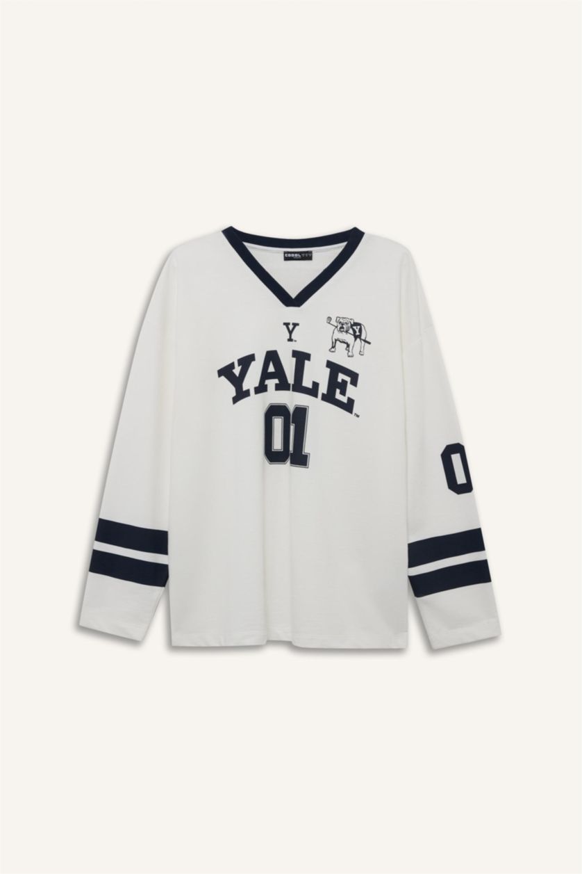 Женщины Кремовый Футболка с длинным рукавом и V-образным вырезом Coool Yale University