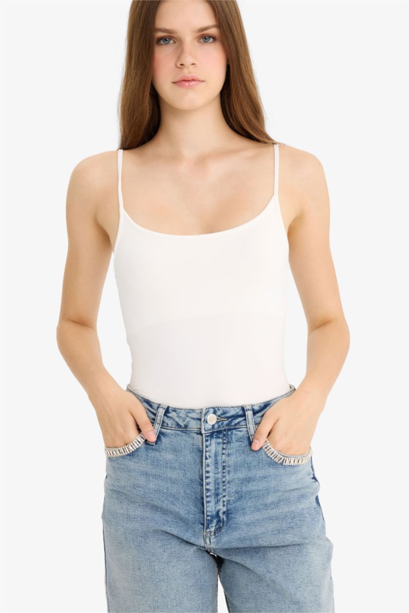 Kadın Kırık Beyaz İnce Askılı Basıc Çıtçıtlı Body
