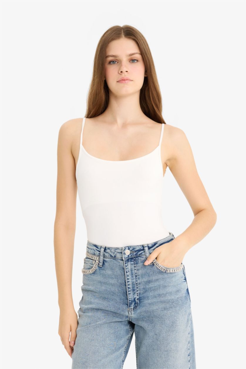 Kadın Kırık Beyaz İnce Askılı Basıc Çıtçıtlı Body