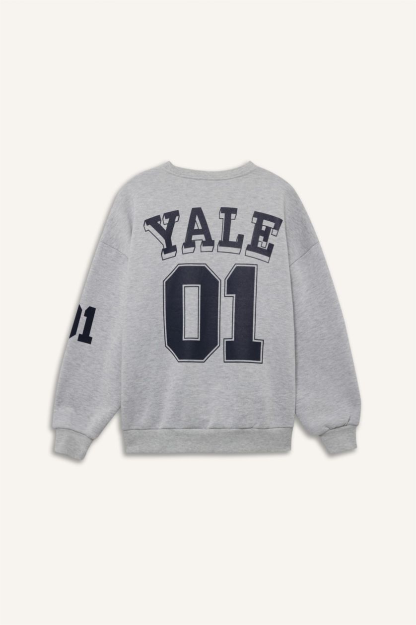 Kadın Gri Melanj Yale University Oversize Geniş Kalıp Bisiklet Yaka Sweatshirt