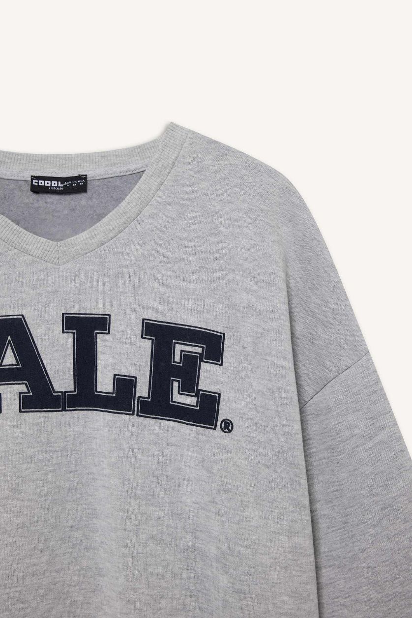 Kadın Gri Melanj Yale University Oversize Geniş Kalıp Bisiklet Yaka Sweatshirt