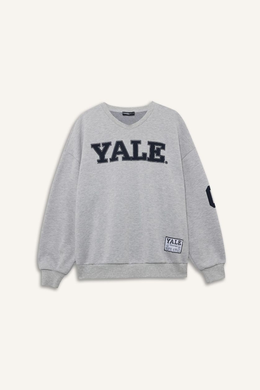 Kadın Gri Melanj Yale University Oversize Geniş Kalıp Bisiklet Yaka Sweatshirt