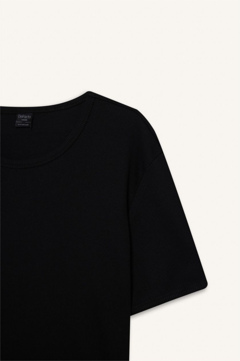 Erkek Siyah Slım Fıt Bisiklet Yaka Ribana Kısa Kollu Tişört