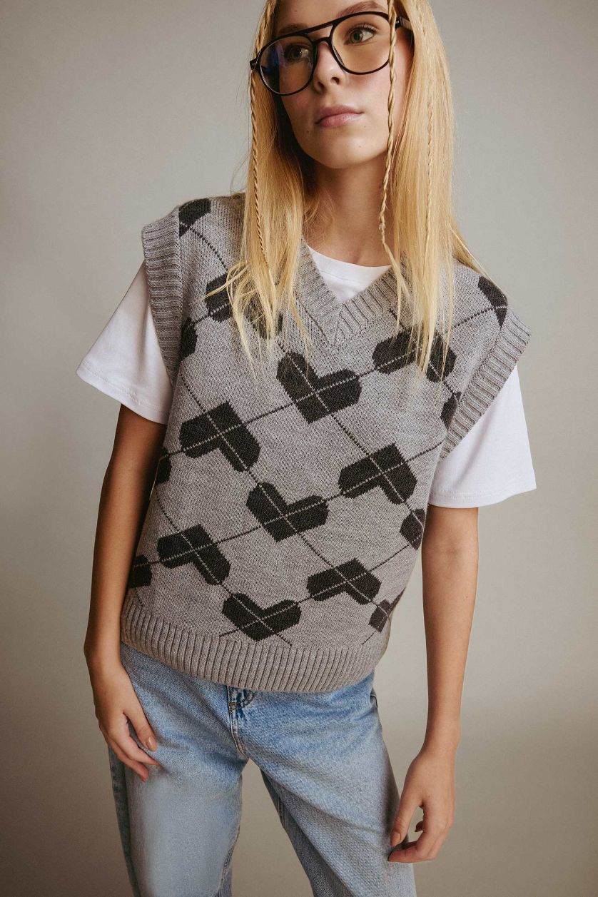 Kadın Gri Melanj Regular Fit V Yaka Desenli Süveter