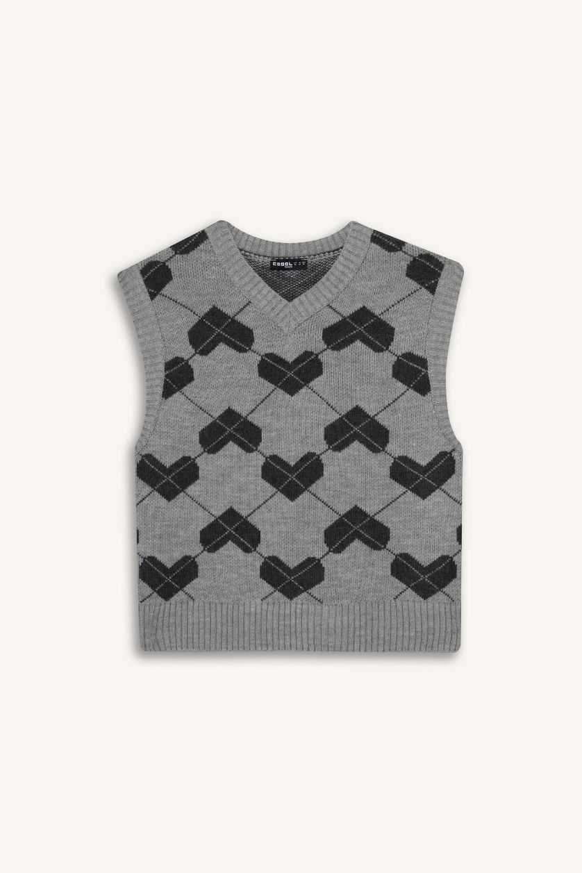 Kadın Gri Melanj Regular Fit V Yaka Desenli Süveter