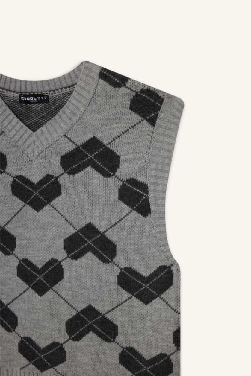 Kadın Gri Melanj Regular Fit V Yaka Desenli Süveter