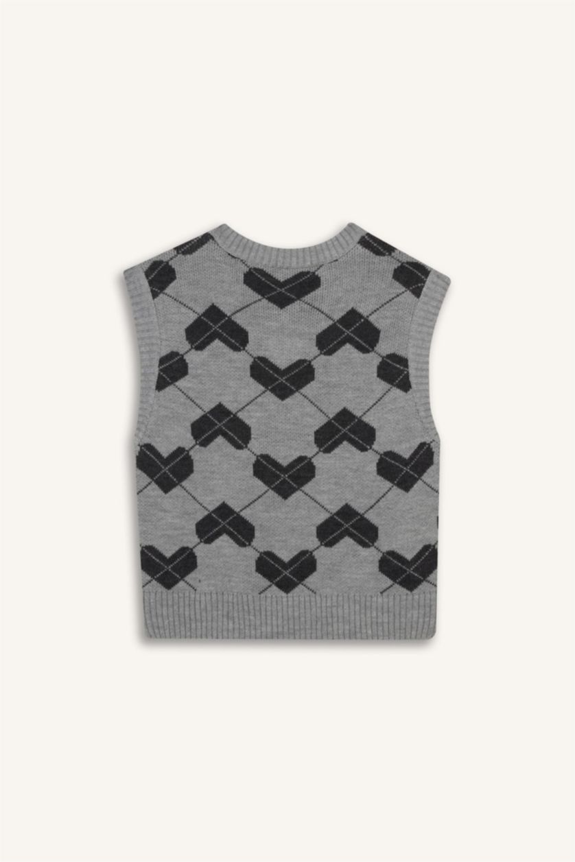 Kadın Gri Melanj Regular Fit V Yaka Desenli Süveter