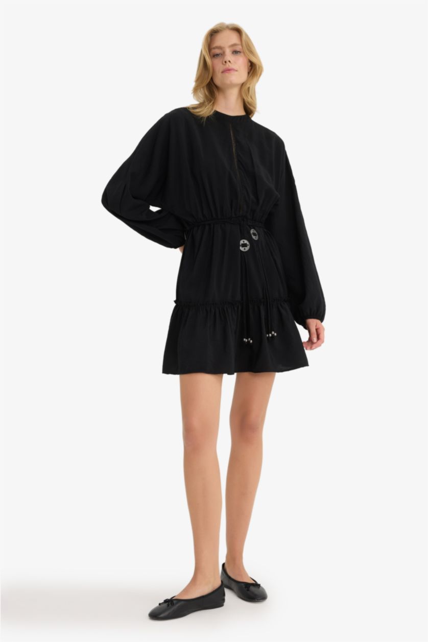 Woman Black Crew Neck Long Sleeve Mini Dress