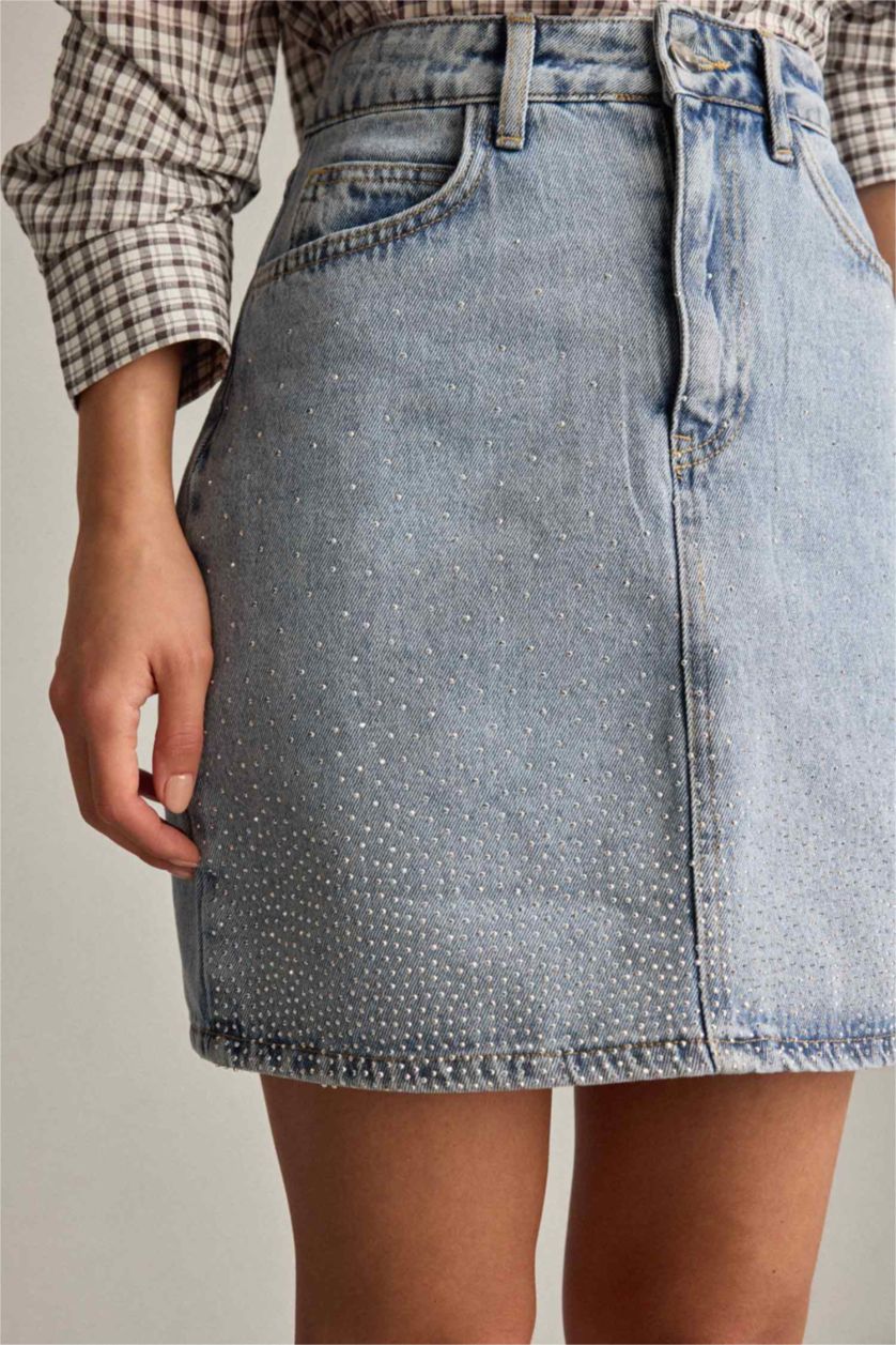 Kadın Açık İndigo İşlemeli Mini Jean Etek