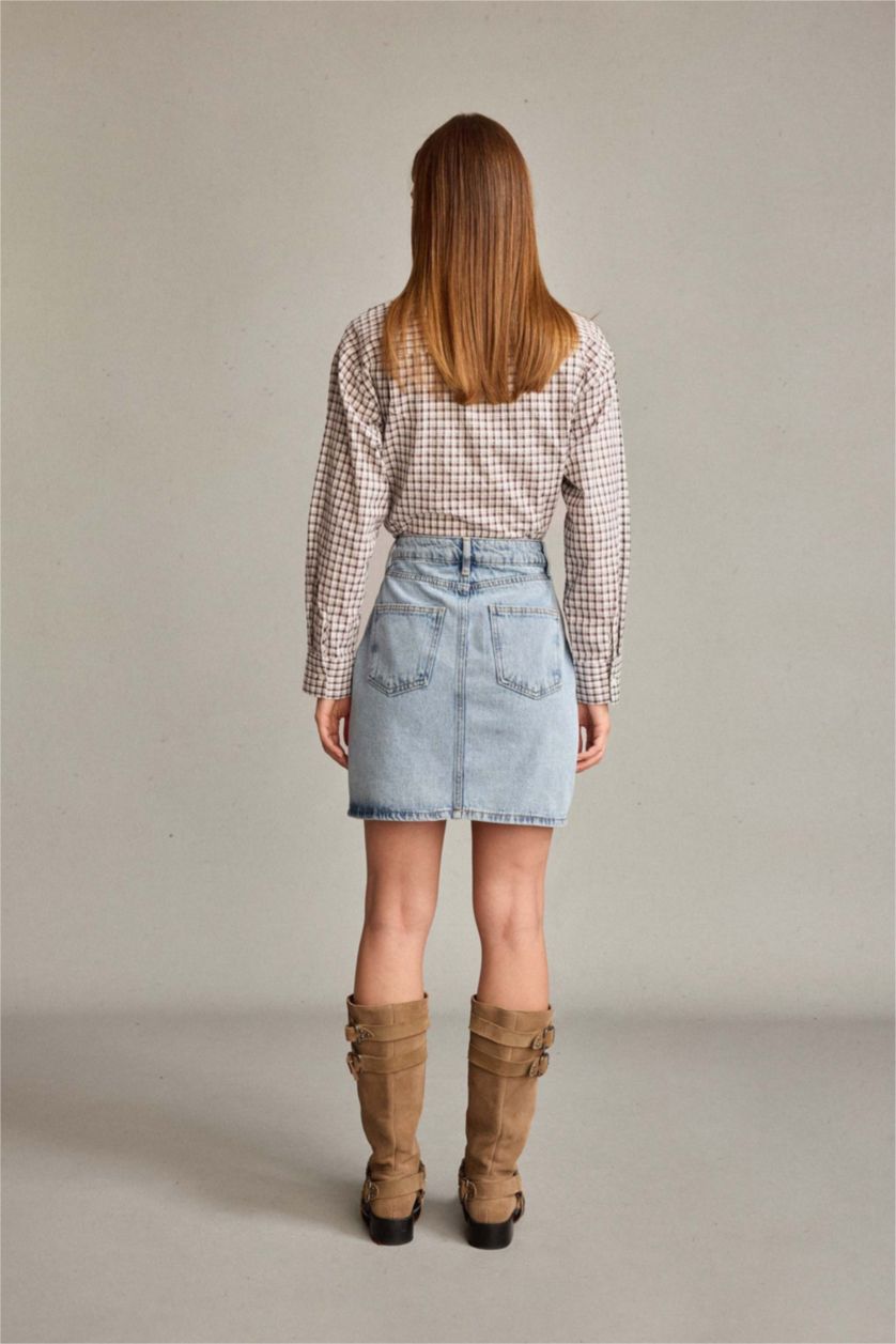 Kadın Açık İndigo İşlemeli Mini Jean Etek