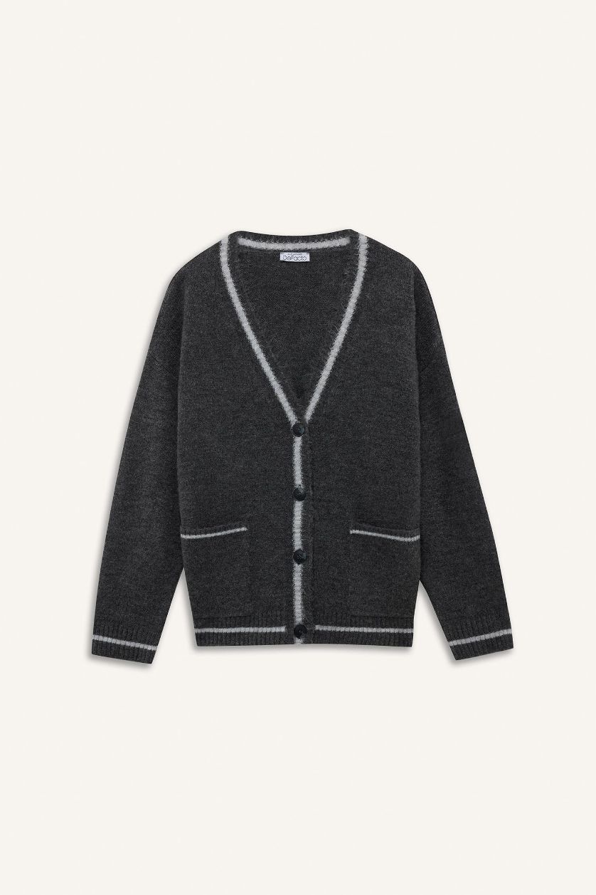 Kadın Antrasit Oversize Geniş Kalıp V Yaka Düğmeli Hırka