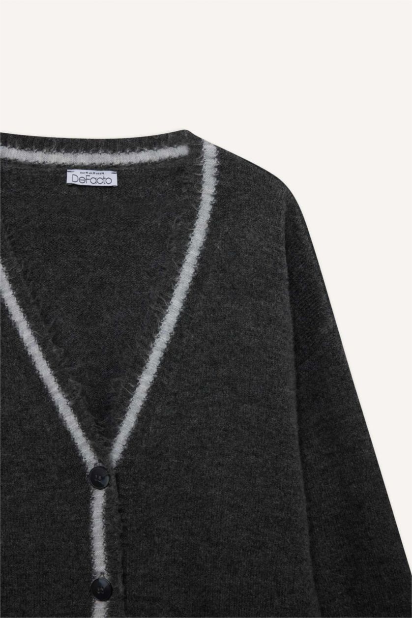 Kadın Antrasit Oversize Geniş Kalıp V Yaka Düğmeli Hırka