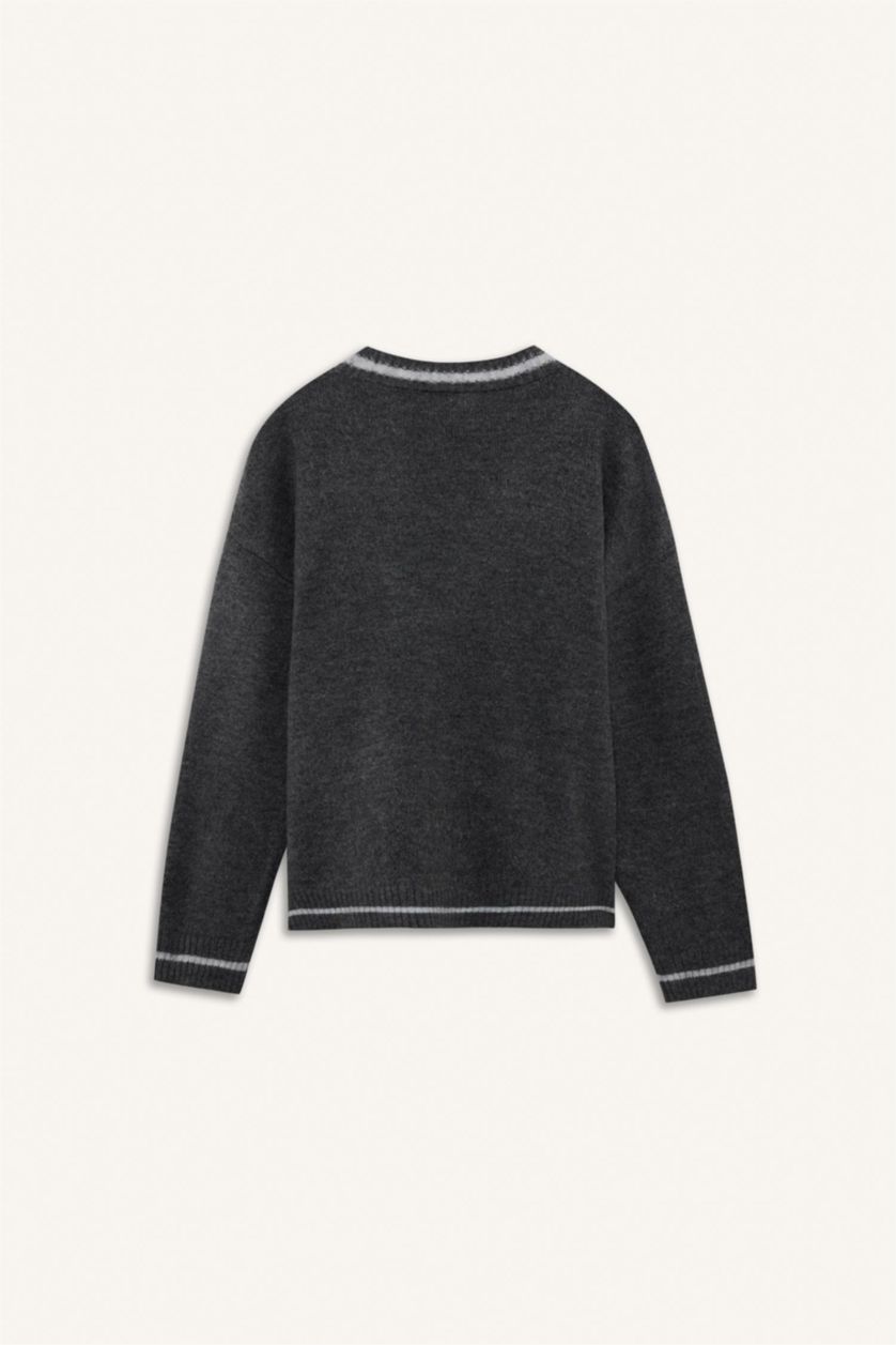 Kadın Antrasit Oversize Geniş Kalıp V Yaka Düğmeli Hırka