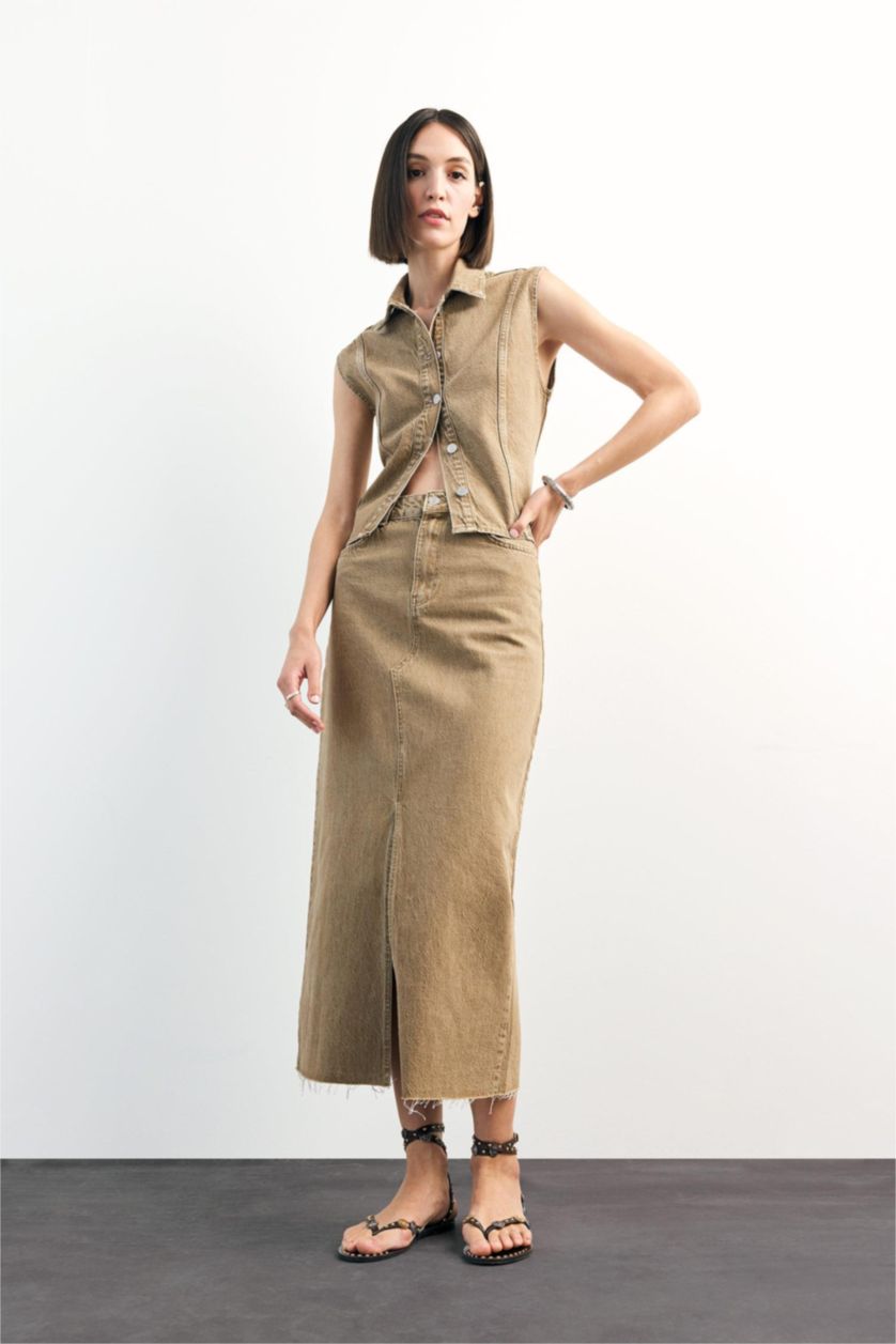 Woman Light Brown Long Fit Denim Skirt