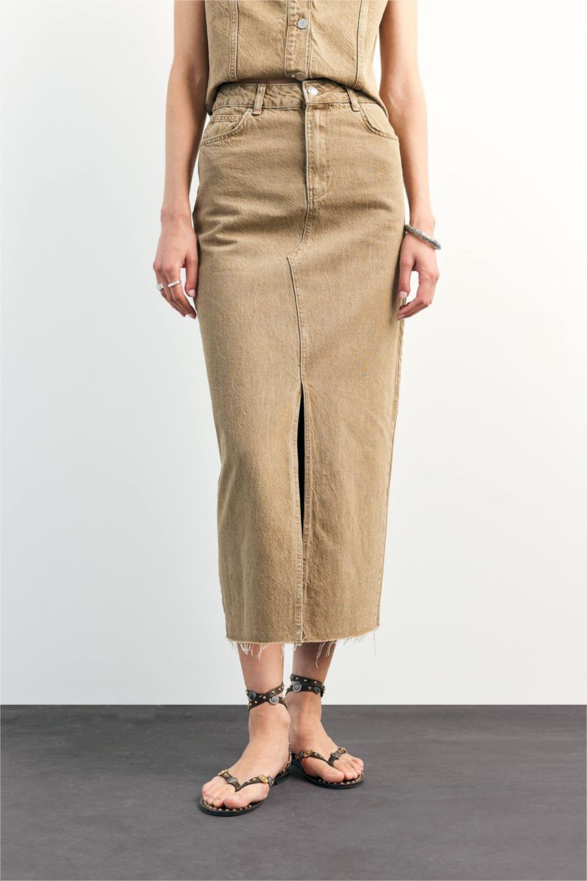 Woman Light Brown Long Fit Denim Skirt
