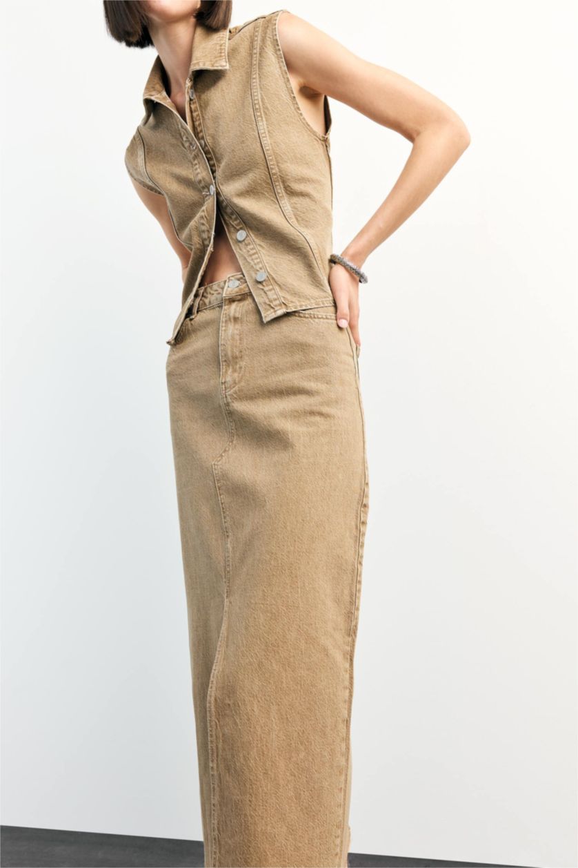 Woman Light Brown Long Fit Denim Skirt