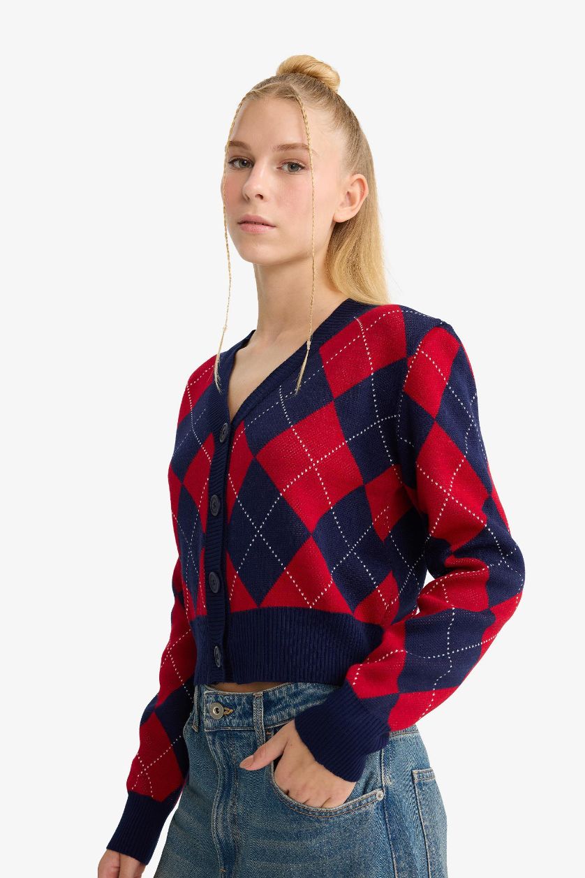 FEMME Marin Cardigan slim boutonné à col V motif losanges