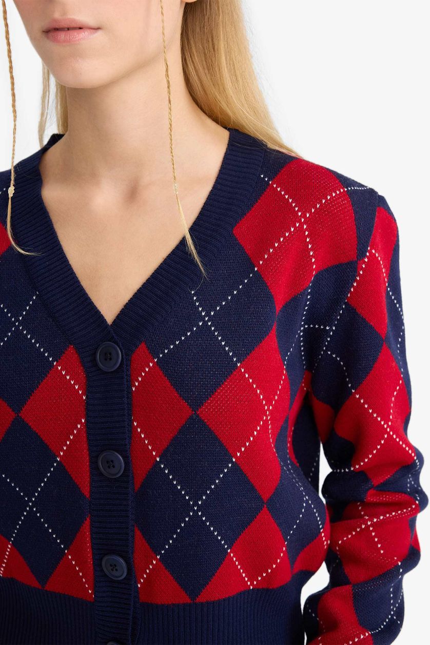 FEMME Marin Cardigan slim boutonné à col V motif losanges