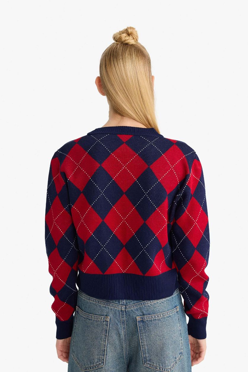 FEMME Marin Cardigan slim boutonné à col V motif losanges