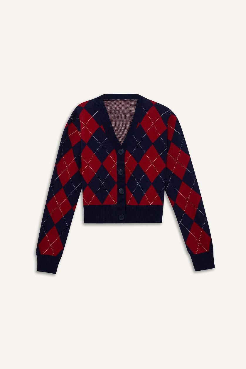 FEMME Marin Cardigan slim boutonné à col V motif losanges