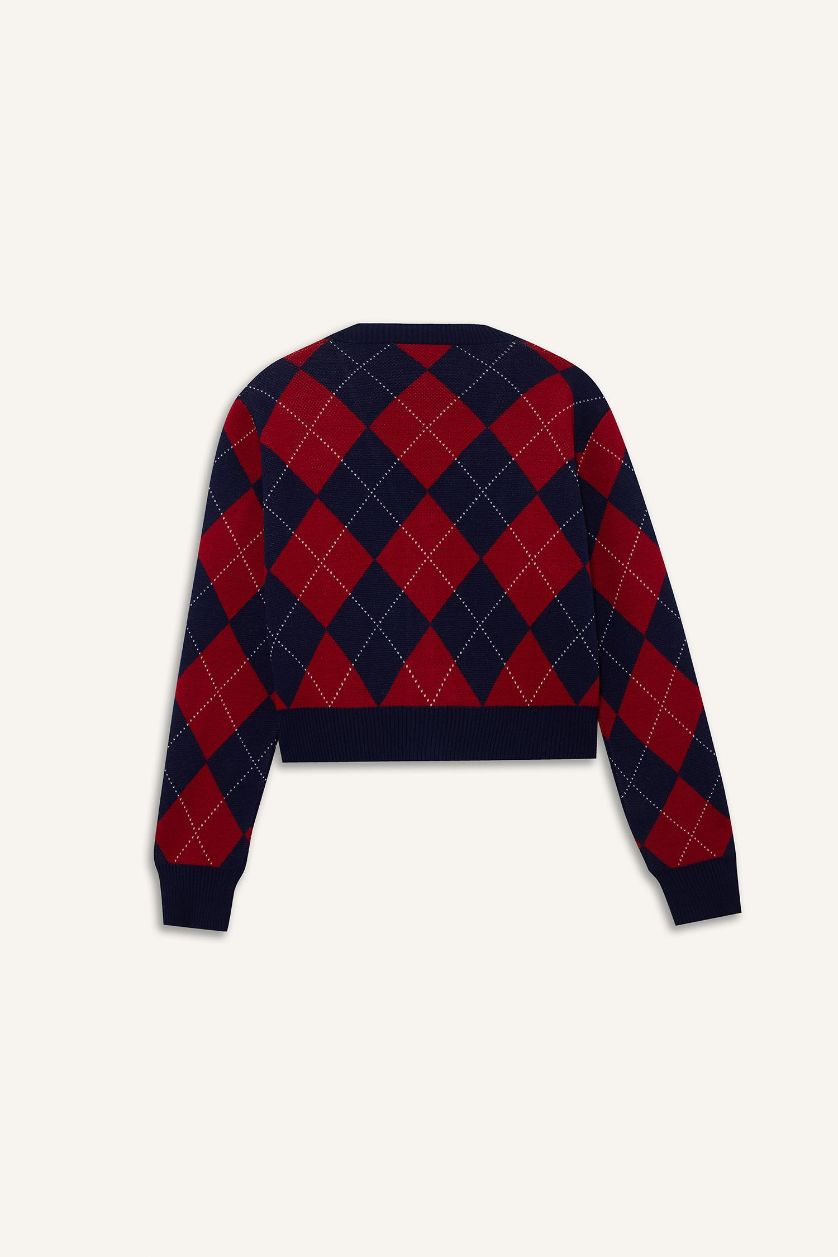 FEMME Marin Cardigan slim boutonné à col V motif losanges